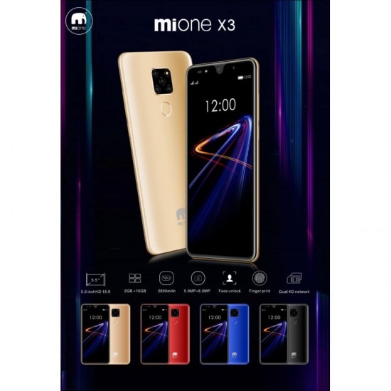 MiOne X3 Dual Sim Fingerprint Smartphone, Android 8.0, 5.5 Inch, 4G+WIFI,16GB+2GB - Blue